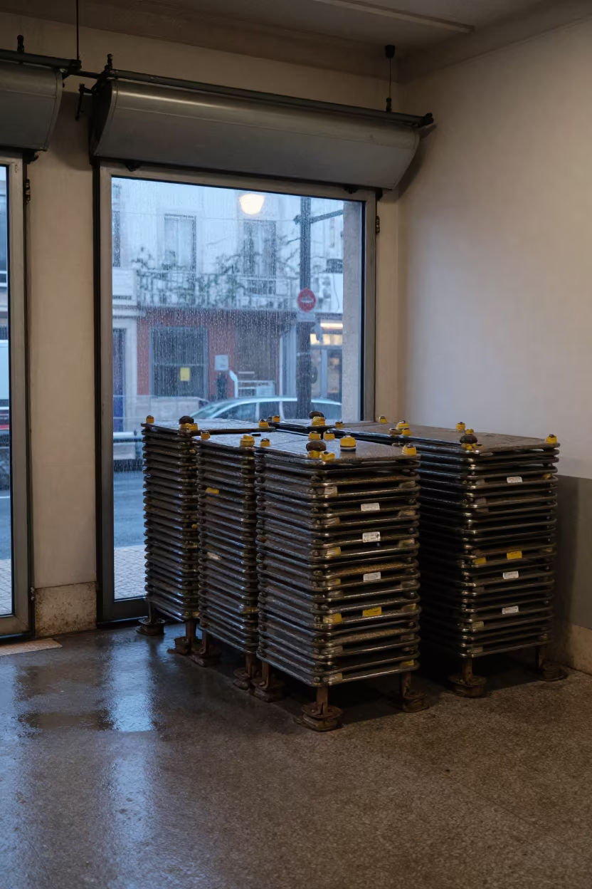 Dawn Light on Wheel Chock Stack in Lisbon Dock in inside a chilled distribution bay in Chiado, Lisbon