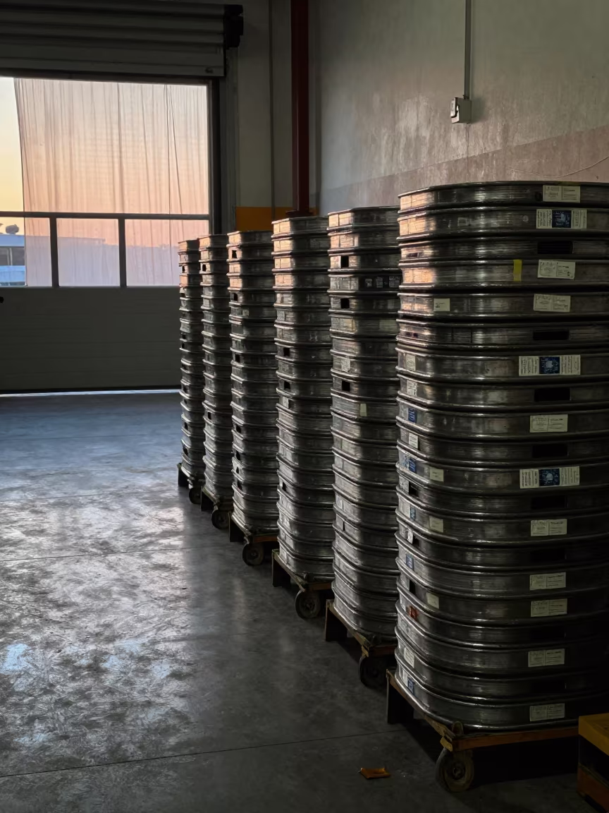 Dawn Light on Wheel Chocks in Lisbon Warehouse in at a fulfillment packing station in Lisbon