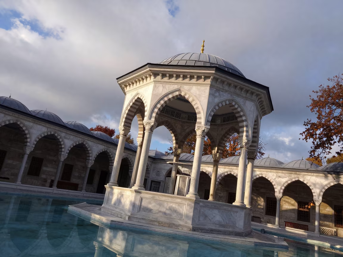 Dawn Light on White Marble Pavilion Atrium in inside a vaulted atrium in Samsun