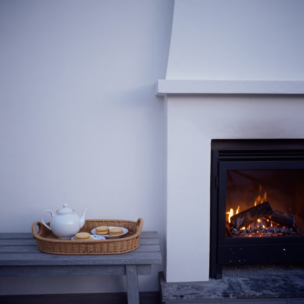 Dawn Light on Wicker Tray Tea Set in by a crackling fireplace near Ahvaz