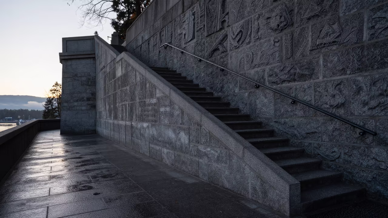 Dawn light on worn stone stairs in Vancouver cliff in near Vancouver