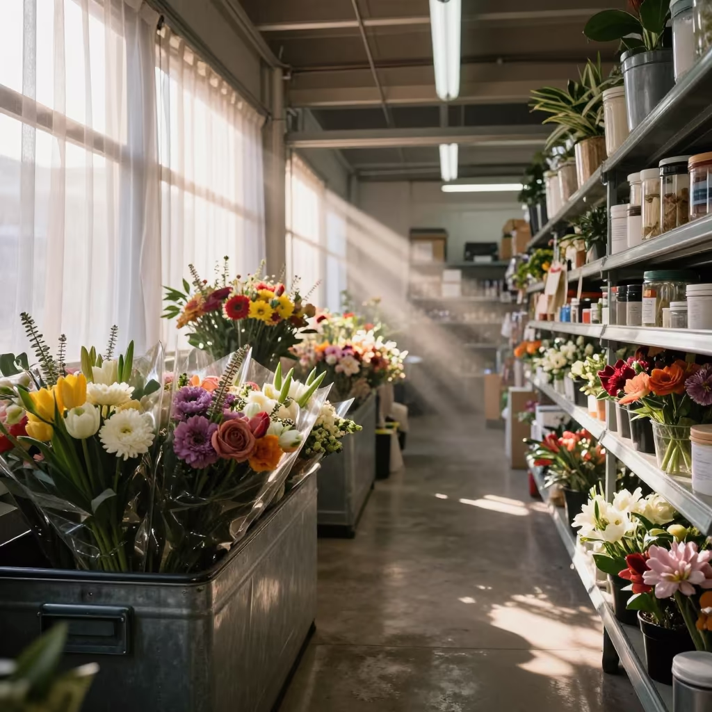 Dawn Light on Wrapped Florist Bouquets in Cooler in inside a stockroom behind the sales floor in Wolverhampton