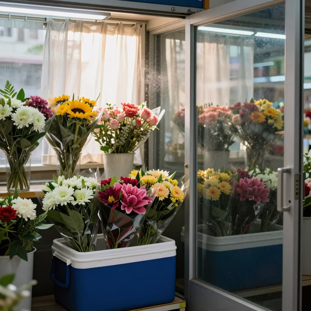 Dawn Light Through Curtains on Wrapped Florist Bouquets in inside a bright retail aisle in Sule, Yangon