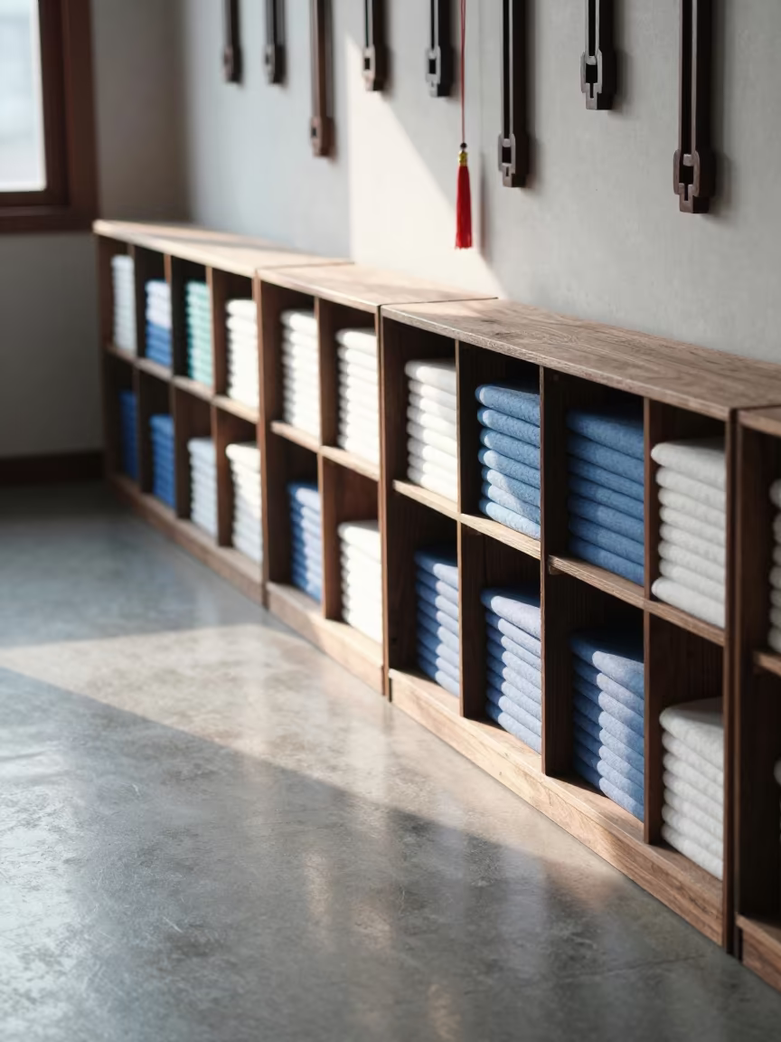 Dawn light in Xian yoga studio hand wraps in inside a yoga studio before the session begins in Xian