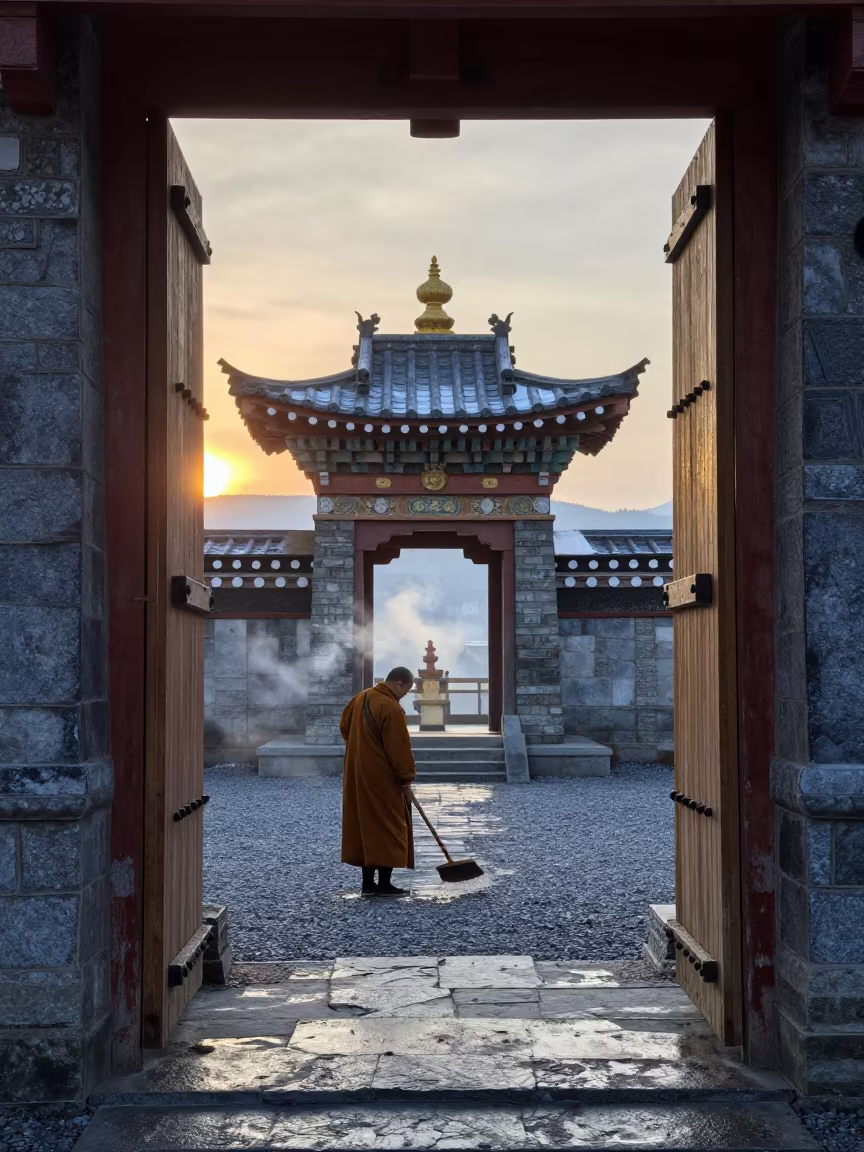 Dawn Light on Yukon Buddhist Temple Courtyard in at a shrine entrance in Yukon