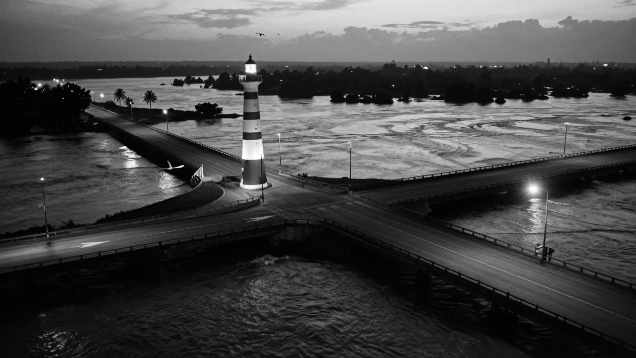 Dawn Lighthouse Beam Over Guyana Levee Interchange in along a levee path above floodwater in Guyana