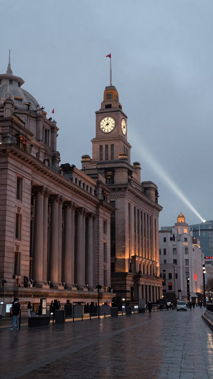 Dawn Lighthouse Sweep on Moganshan Clock Tower in along a colonnaded facade in Moganshan Road, Shanghai