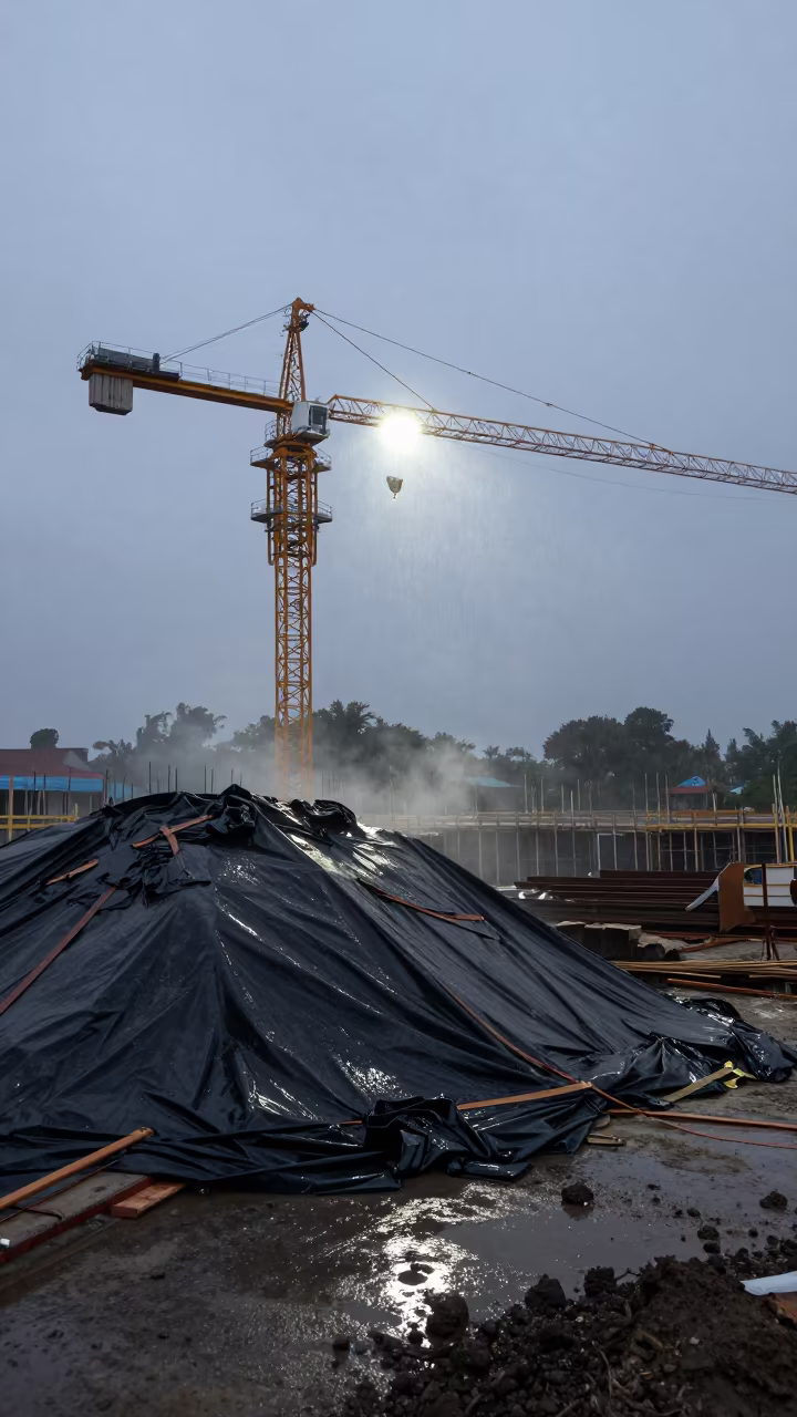 Dawn Lighthouse Sweep Over Monsoon Construction Site in beneath a tower crane on open ground in Sumatra