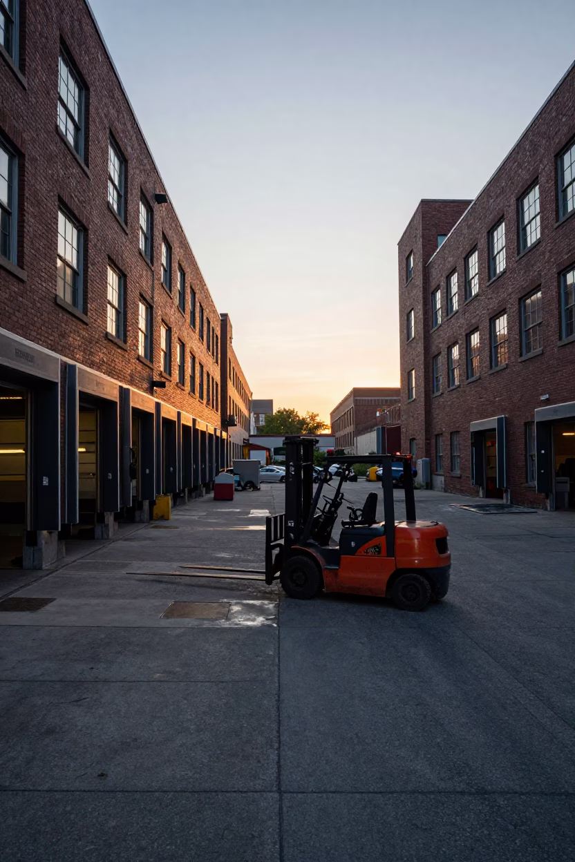 Dawn Loading Dock Activity in Toronto Ontario Industrial District with Forklifts in in Toronto, Ontario, Canada
