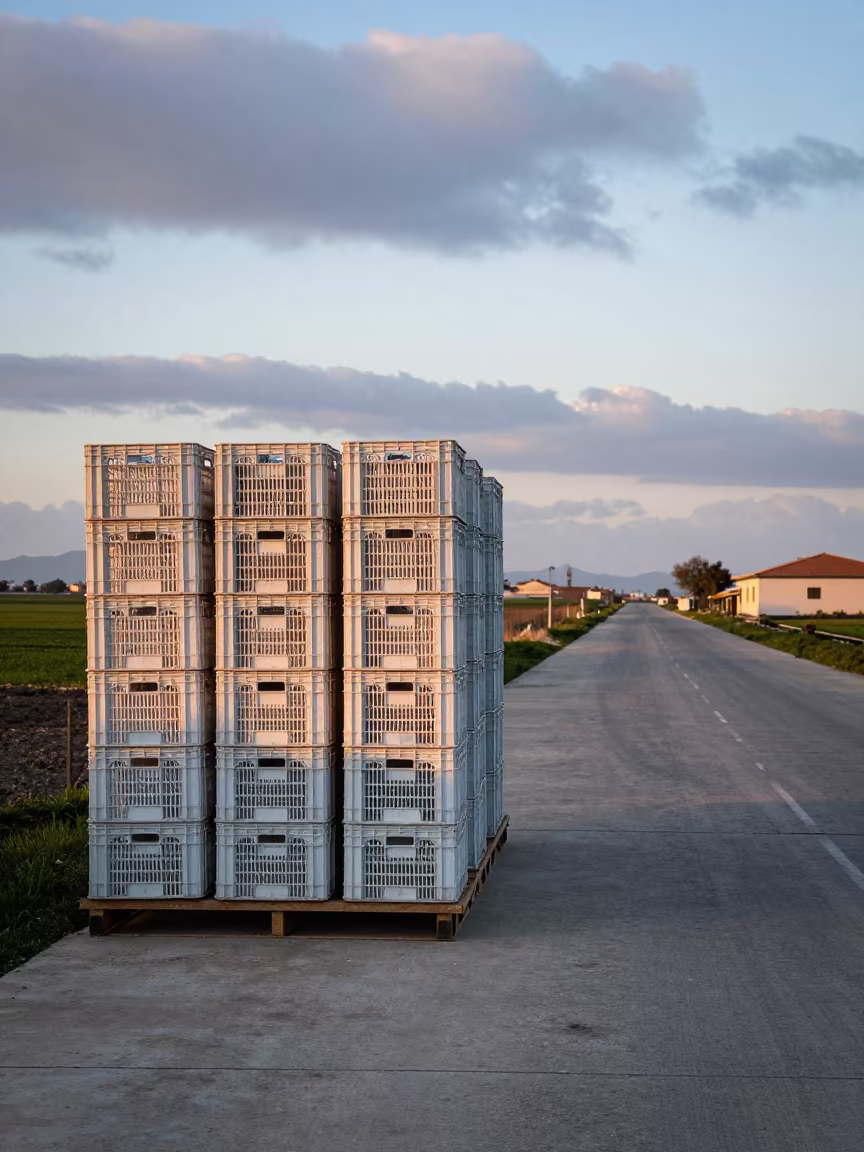 Dawn Loading Dock Poultry Crates Valencia in along a feedlot lane in Valencia
