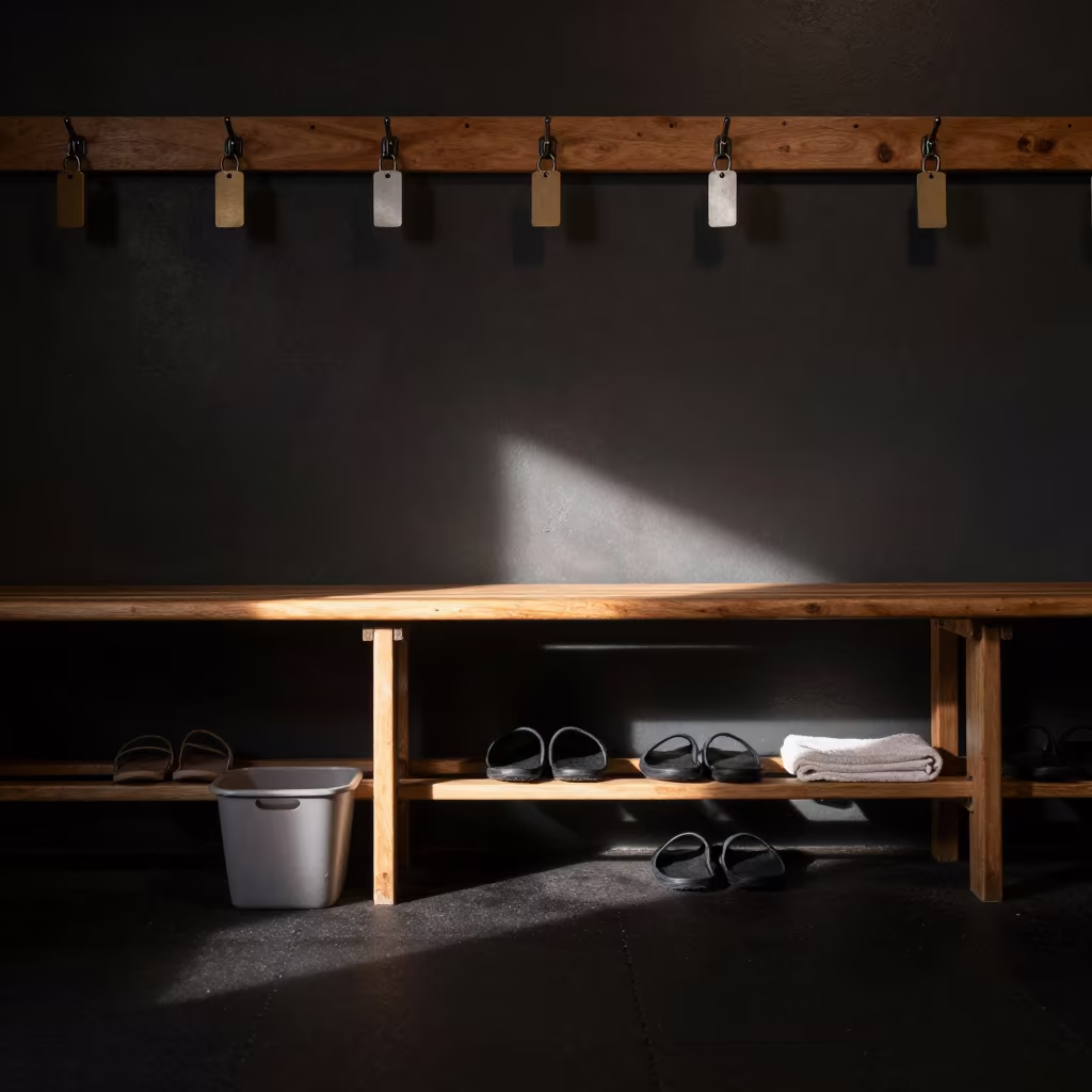 Dawn Locker Room Bench Dust Light in inside a strength room near Belas