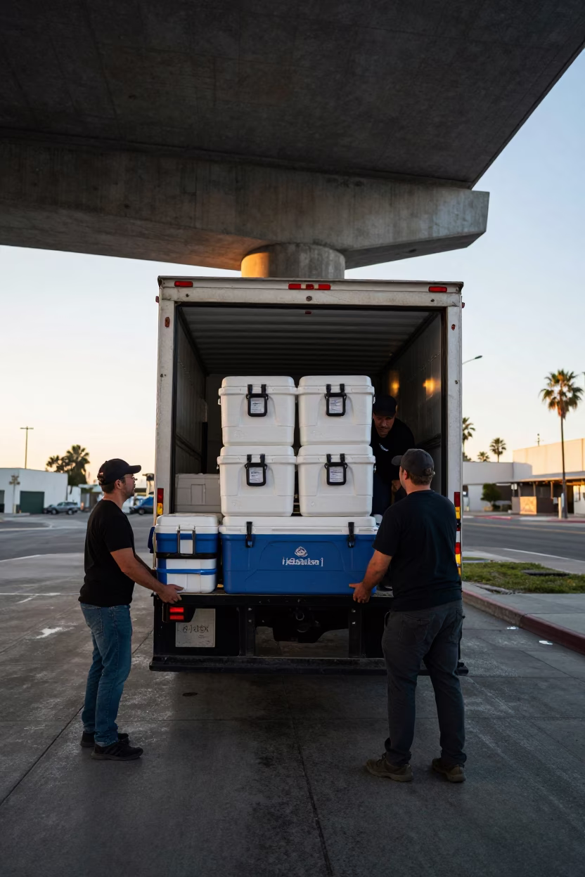 Dawn logistics crew loading insulated crates under LA highway overpass in in Los Angeles, California, United States