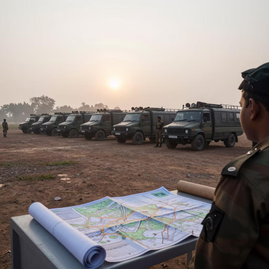Dawn Logistics Military Convoy Madurai Readiness in beside a convoy halt on open ground in Madurai