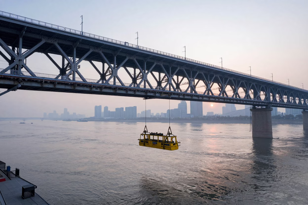 Dawn Logistics on Shanghai Yangtze River Bridge Maintenance Cradle Over Cold Water in in Shanghai, China