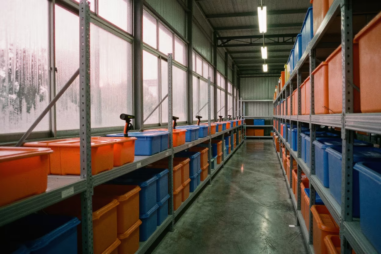 Dawn Logistics Route Bins Scanners Changchun Warehouse in inside a warehouse aisle in Changchun