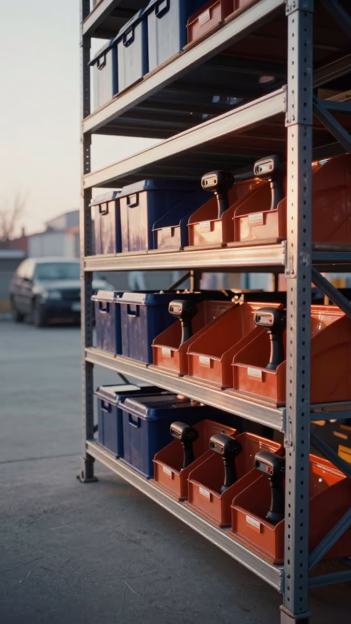 Dawn Logistics Route Bins and Scanners in Warehouse in inside a warehouse aisle near Odessa