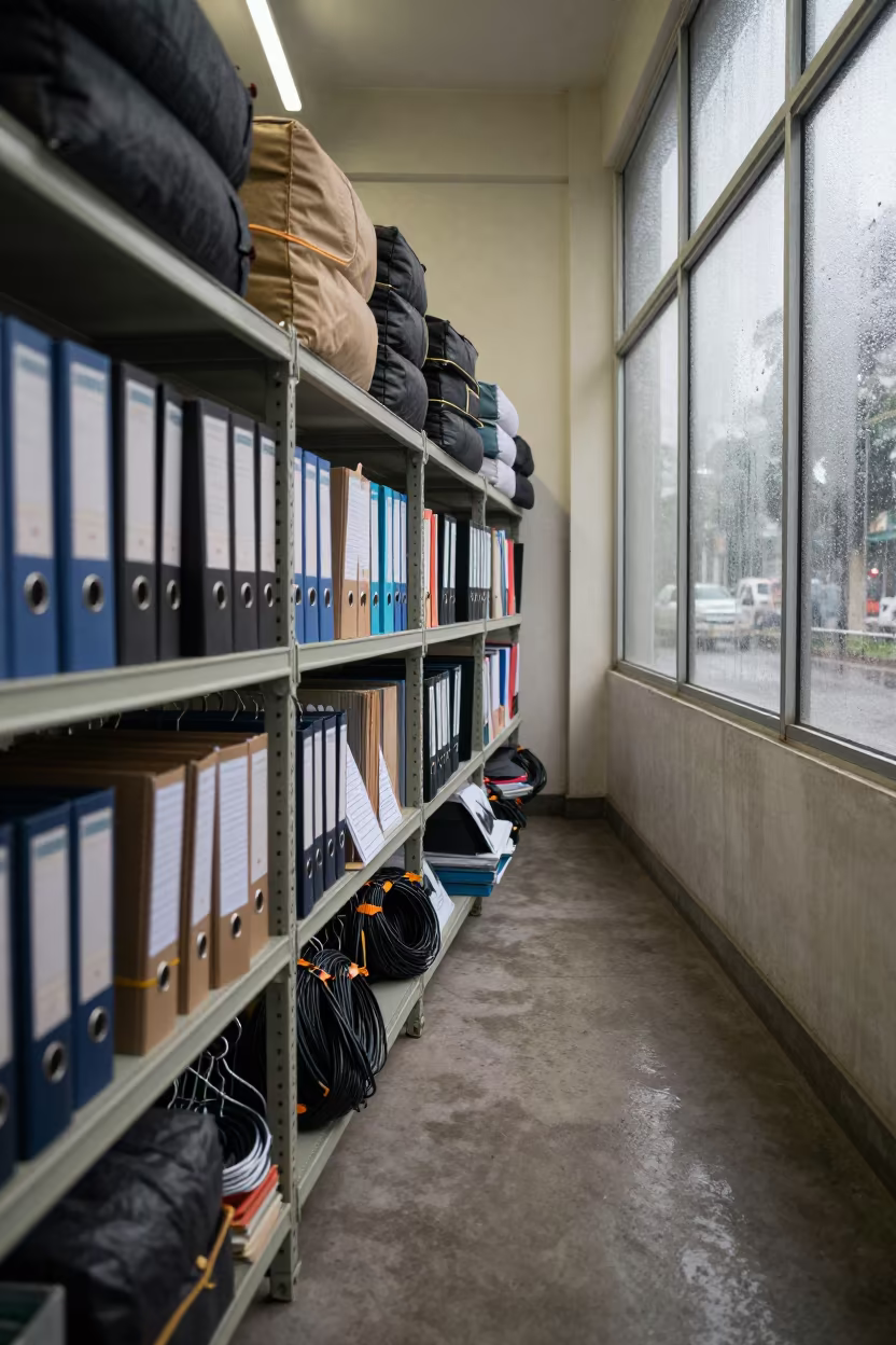 Dawn Logistics Tray with Route Bags and Binders in inside a warehouse aisle in Mawlamyine