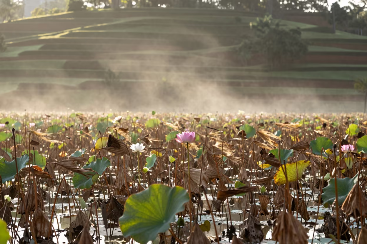Dawn Lotus Pond Mist Brazil Dry Season in among terraced garden plots in Brazil