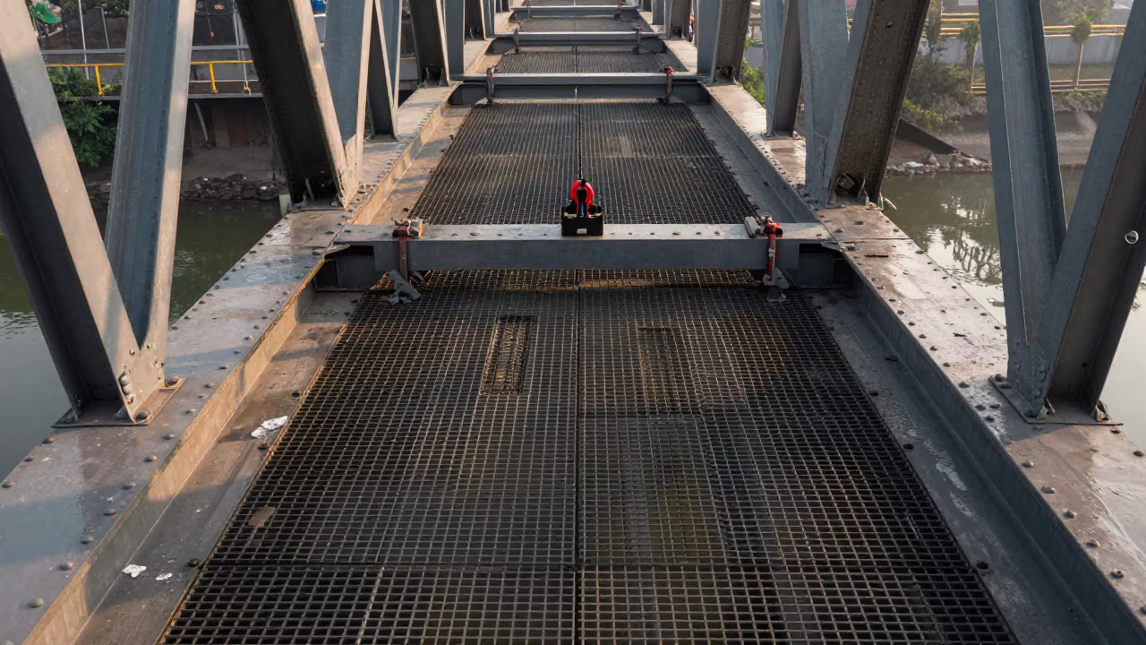 Dawn Maintenance Cradle Beneath Steel Bridge in beneath a bridge span near Sadarghat, Dhaka