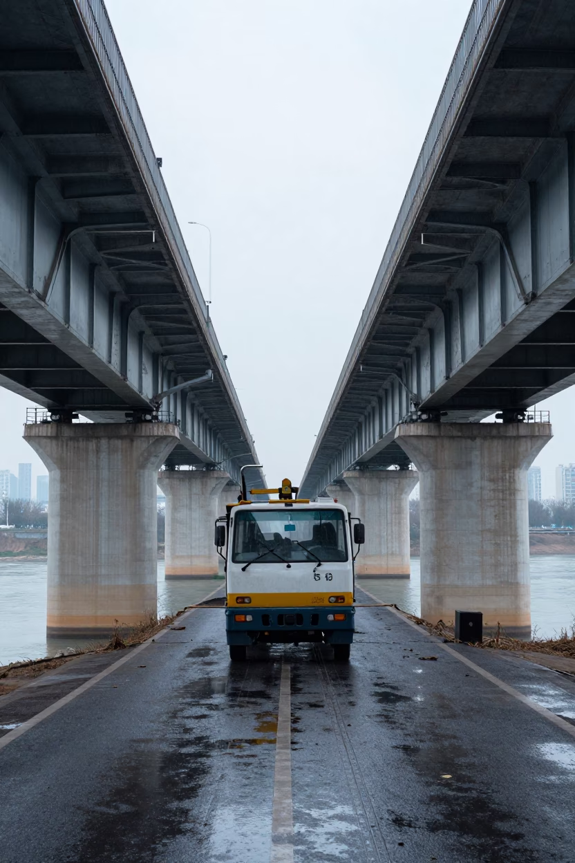 Dawn Maintenance Trolley Under Hefei Viaduct in under a viaduct of steel and concrete in Hefei
