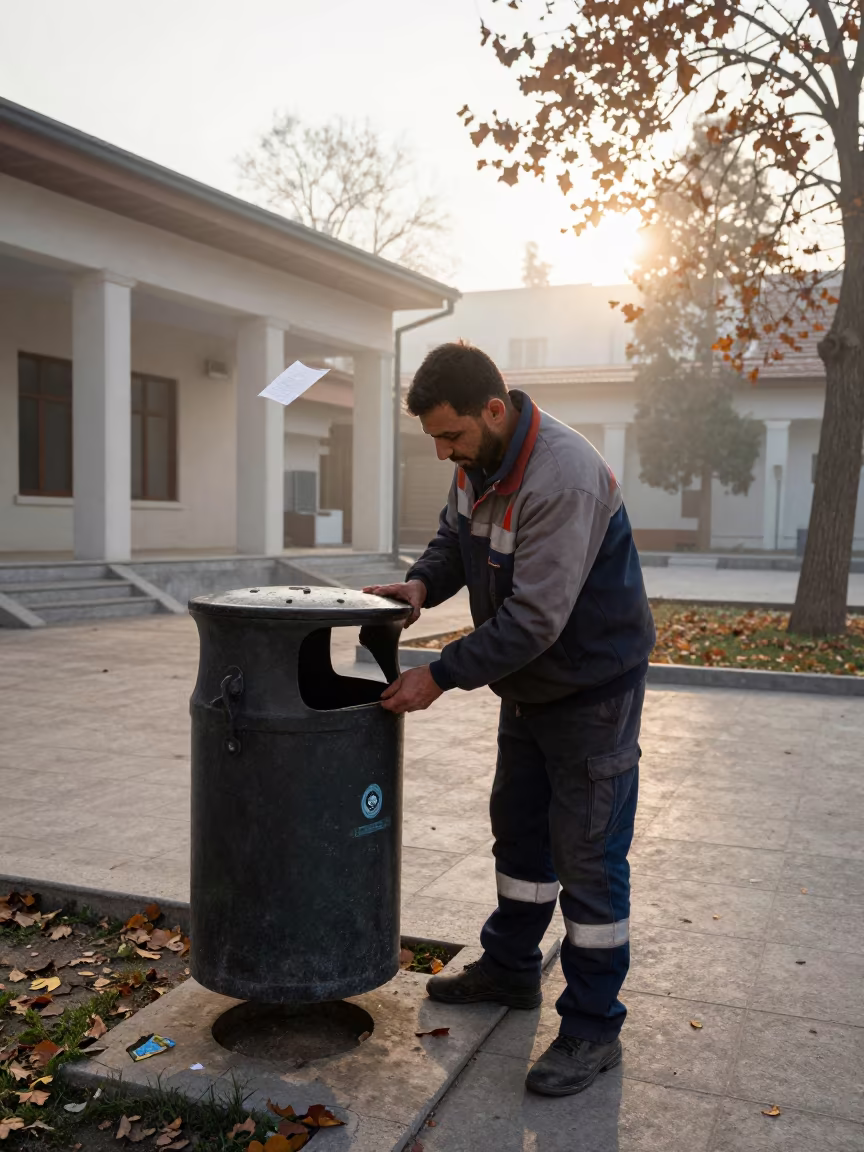 Dawn Maintenance Worker Replaces Civic Trash Can in in a community center hall in Gaziantep