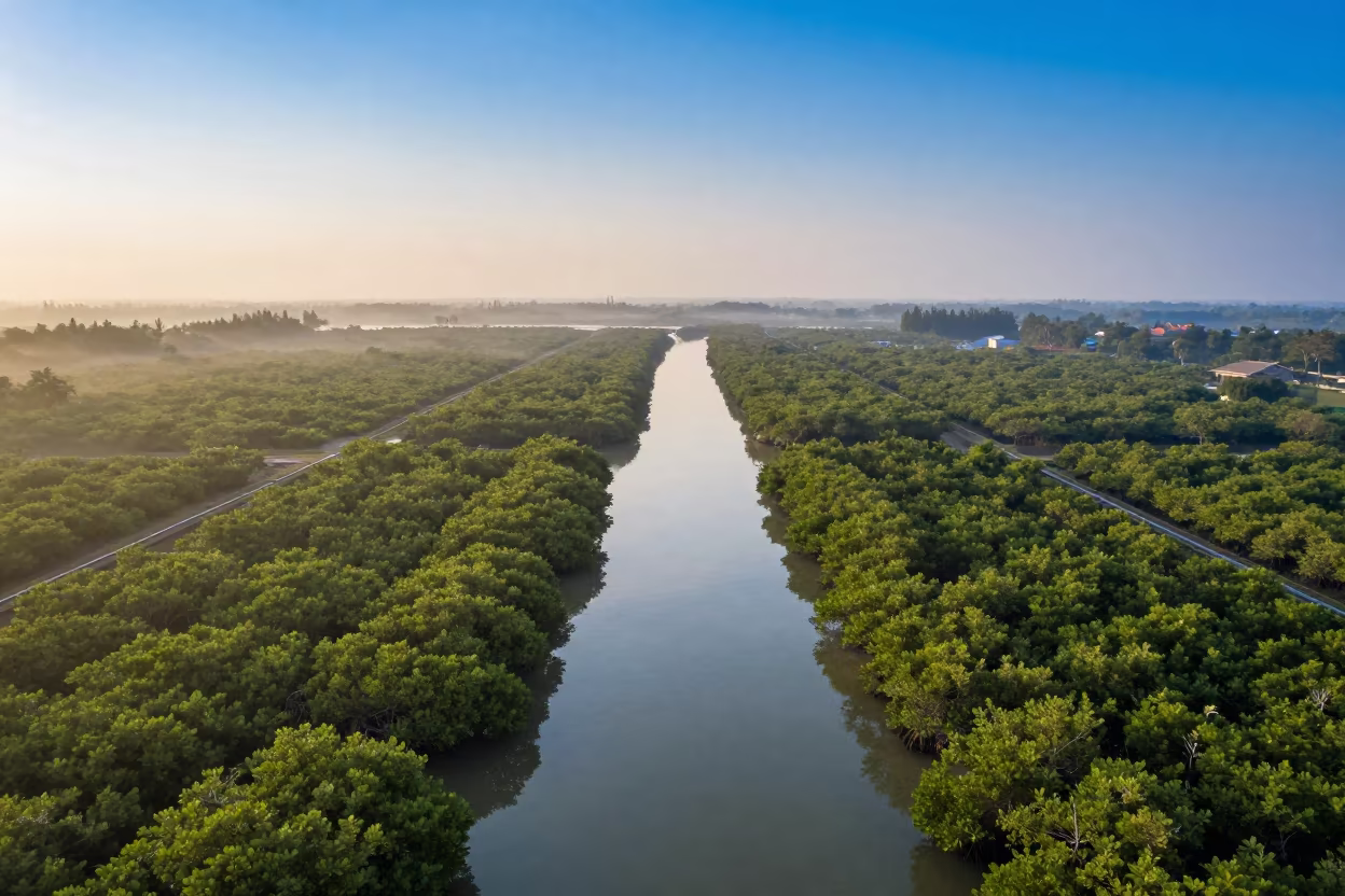 Dawn Mangrove Channels Aerial View Near Jakarta in far above orchard blocks and irrigation lines near Jakarta