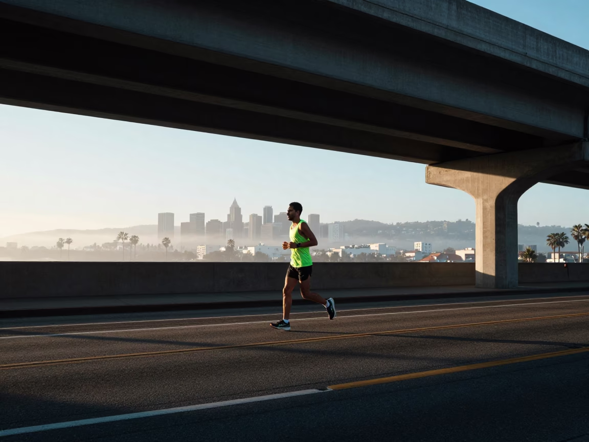 Dawn Marathon Runner Crossing Los Angeles Bridge Before Sunrise in in Los Angeles, California, United States
