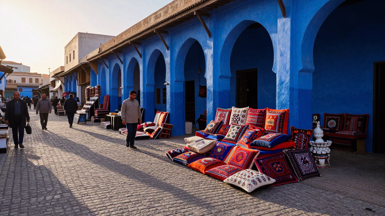 Dawn Market Activity in Essaouira Morocco with Cushions and Seashells in in Essaouira, Morocco