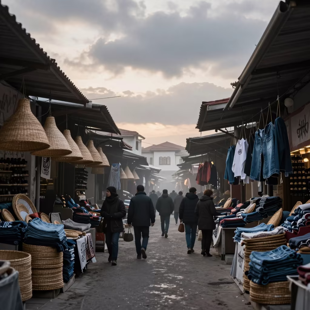 Dawn Market Alleys Rattan Denim Heat Haze Antalya in under a market canopy in Antalya