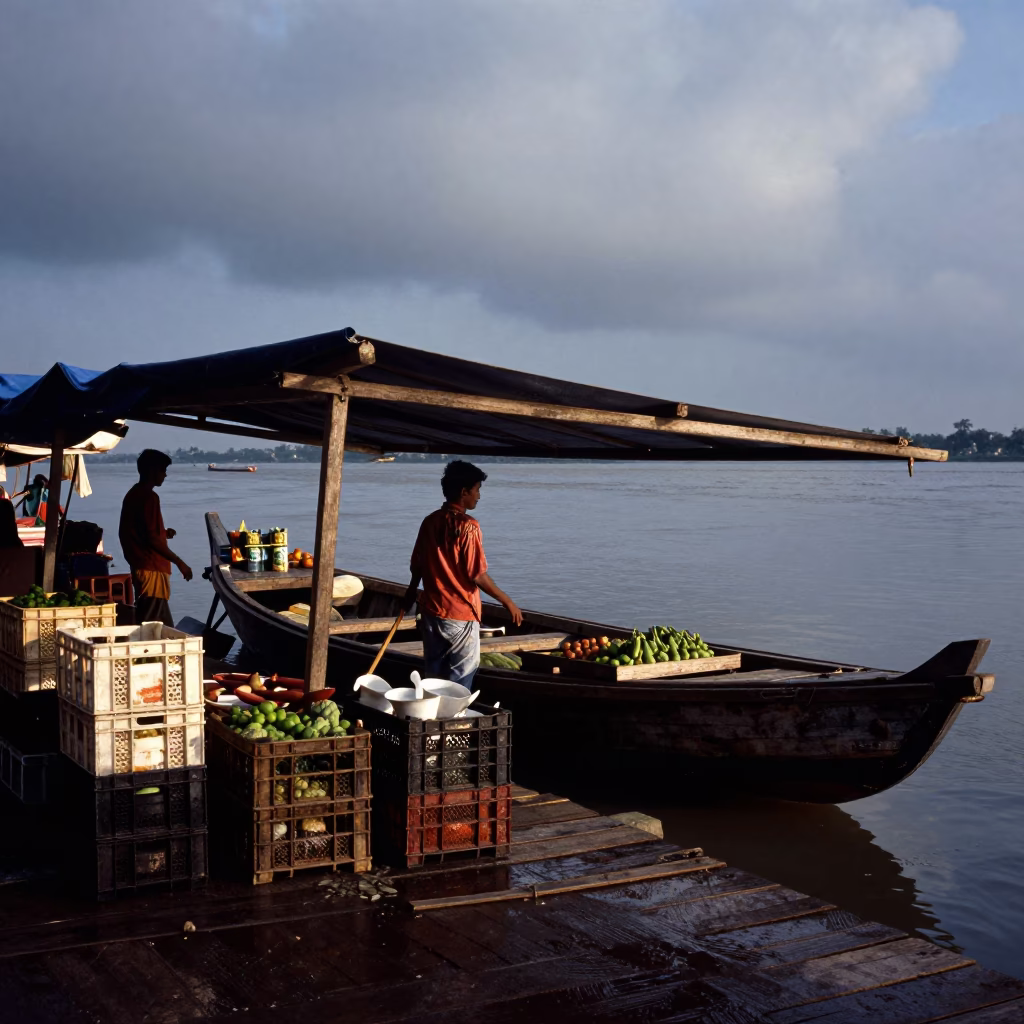 Dawn Market Boat Vendor Under Storm Light in at a floating market boat in Mumbai