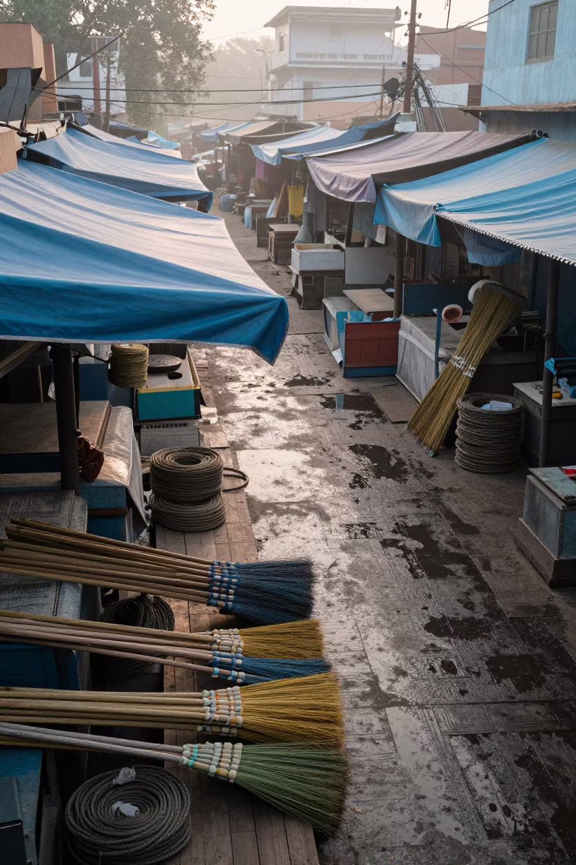 Dawn Market Brooms and Ropes Nizamabad in in a covered bazaar aisle in Nizamabad