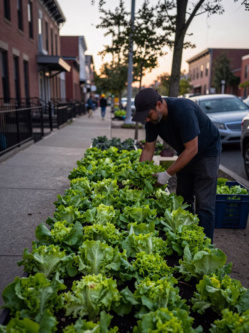 Dawn Market Gardener Harvesting Lettuce in Philadelphia Pennsylvania Urban Street Scene in in Philadelphia, Pennsylvania, United States