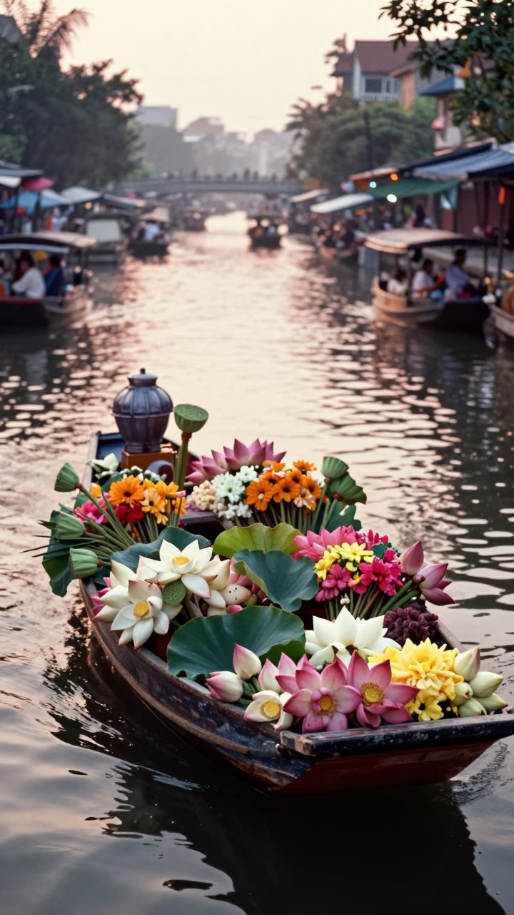 Dawn Market in Hanoi Vietnam Sampan Loaded with Flowers and Local Commerce in in Hanoi, Vietnam