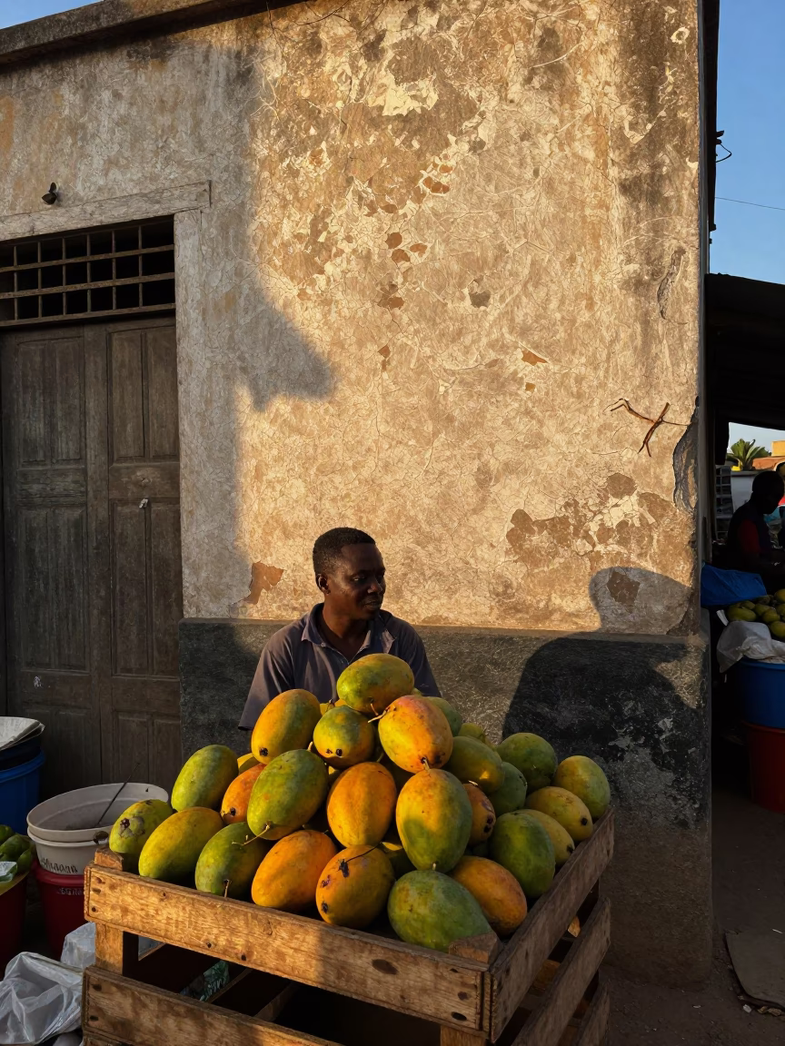 Dawn Market Scene in Dakar Senegal with Cracked Stucco and Mangoes in in Dakar, Senegal