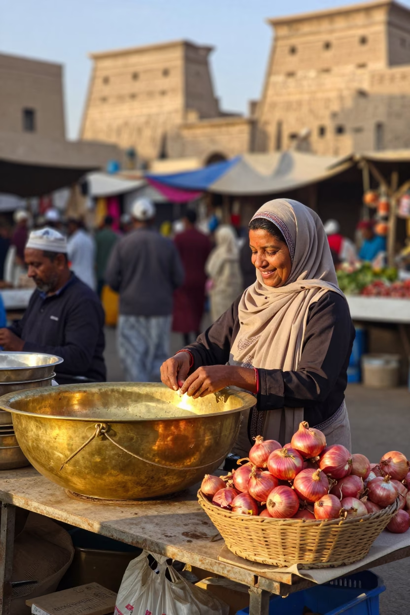 Dawn Market Scene in Luxor Egypt with Brass Basin and Basket in in Luxor, Egypt