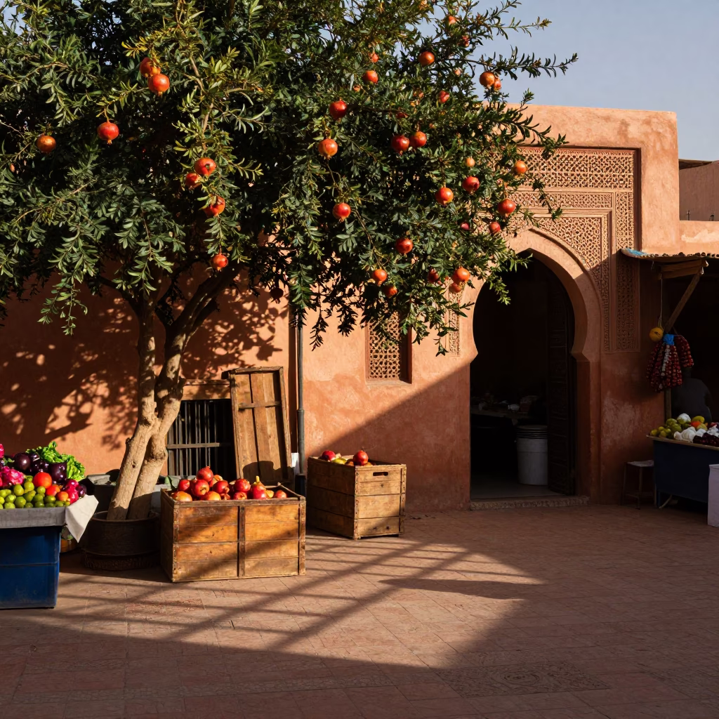 Dawn Market Scene in Marrakech Morocco with Pomegranate Tree and Fresh Tomatoes in in Marrakech, Morocco