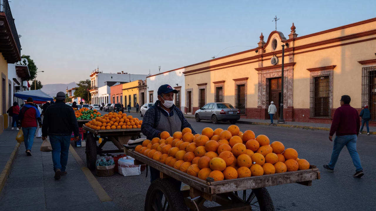 Dawn Market Scene in Merida Mexico with Oranges and Street Life in in Merida, Mexico