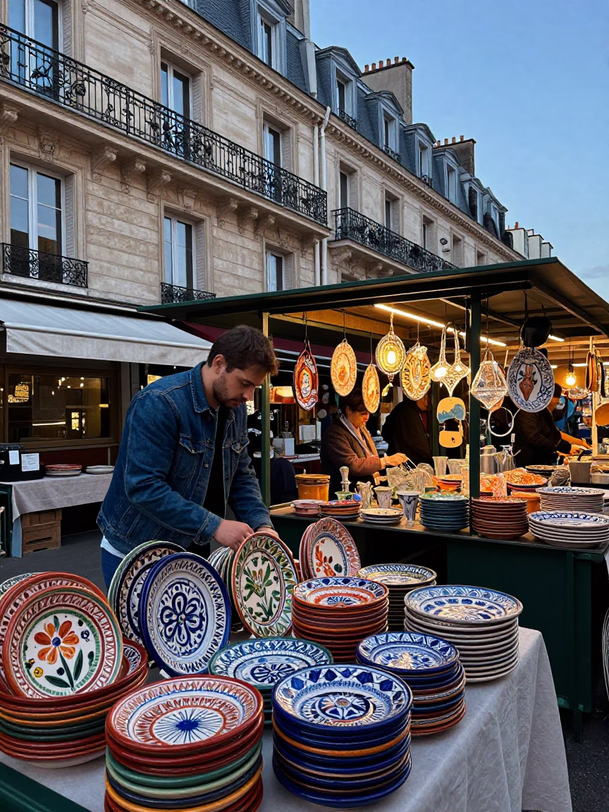 Dawn Market Stall in Paris France with Majolica Plates and Glass Pitcher in in Paris, France