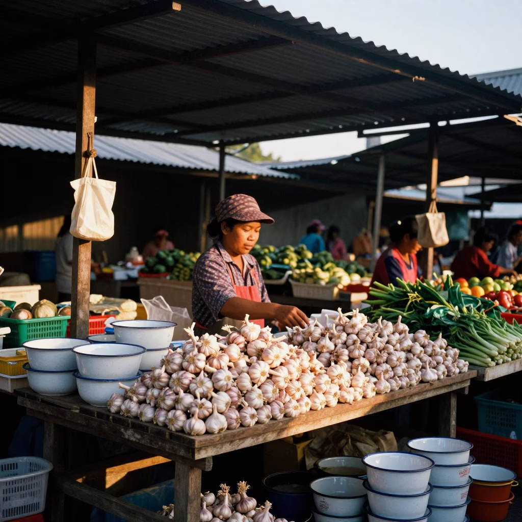 Dawn Market Stall in Phuket Thailand Selling Garlic and Enamel Bowls in in Phuket, Thailand