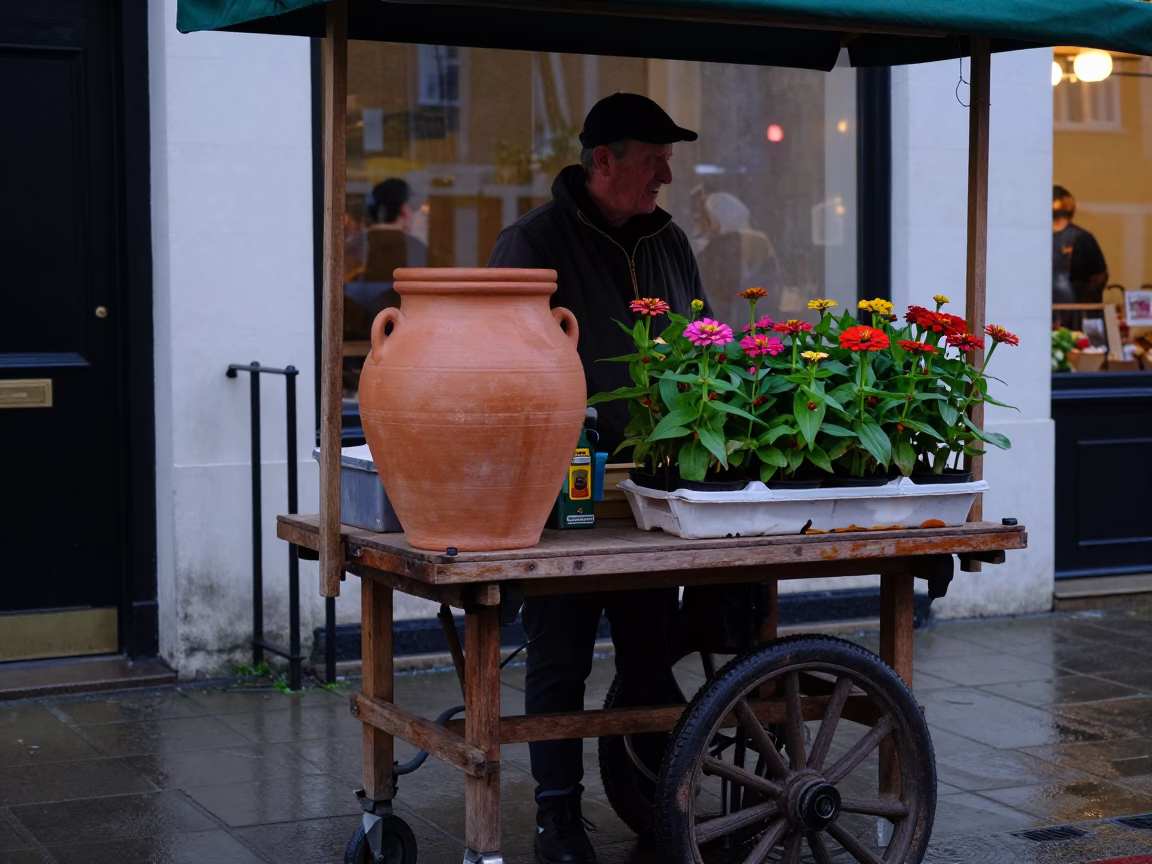 Dawn Market Stall with Clay Pot and Zinnias in London United Kingdom Before Sunrise in in London, United Kingdom