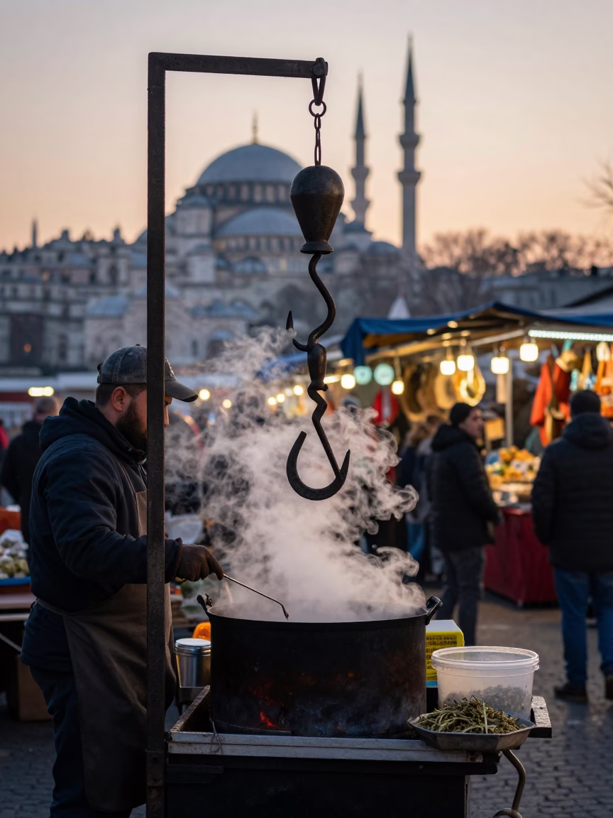 Dawn Market Stall with Steam Haze and Iron Hook in Istanbul Turkey in in Istanbul, Turkey