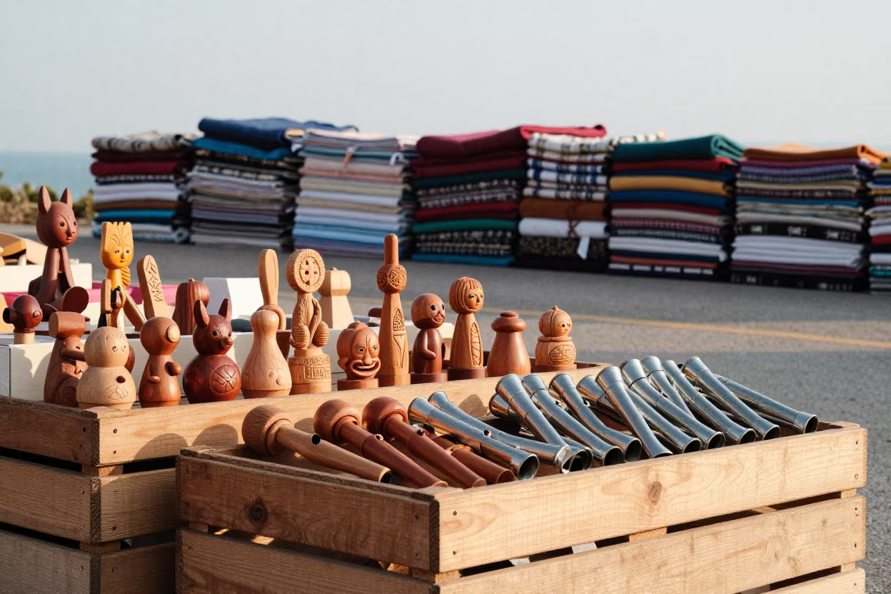 Dawn Market Stall Wooden Toys Whistles Ulsan in at a textile trader's stall in Ulsan