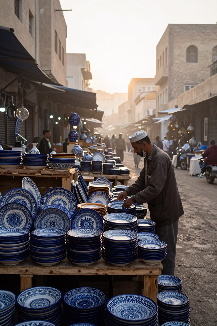 Dawn Market Stalls in Alexandria Egypt with Vintage Majolica Plates and Local Morning Activity in in Alexandria, Egypt