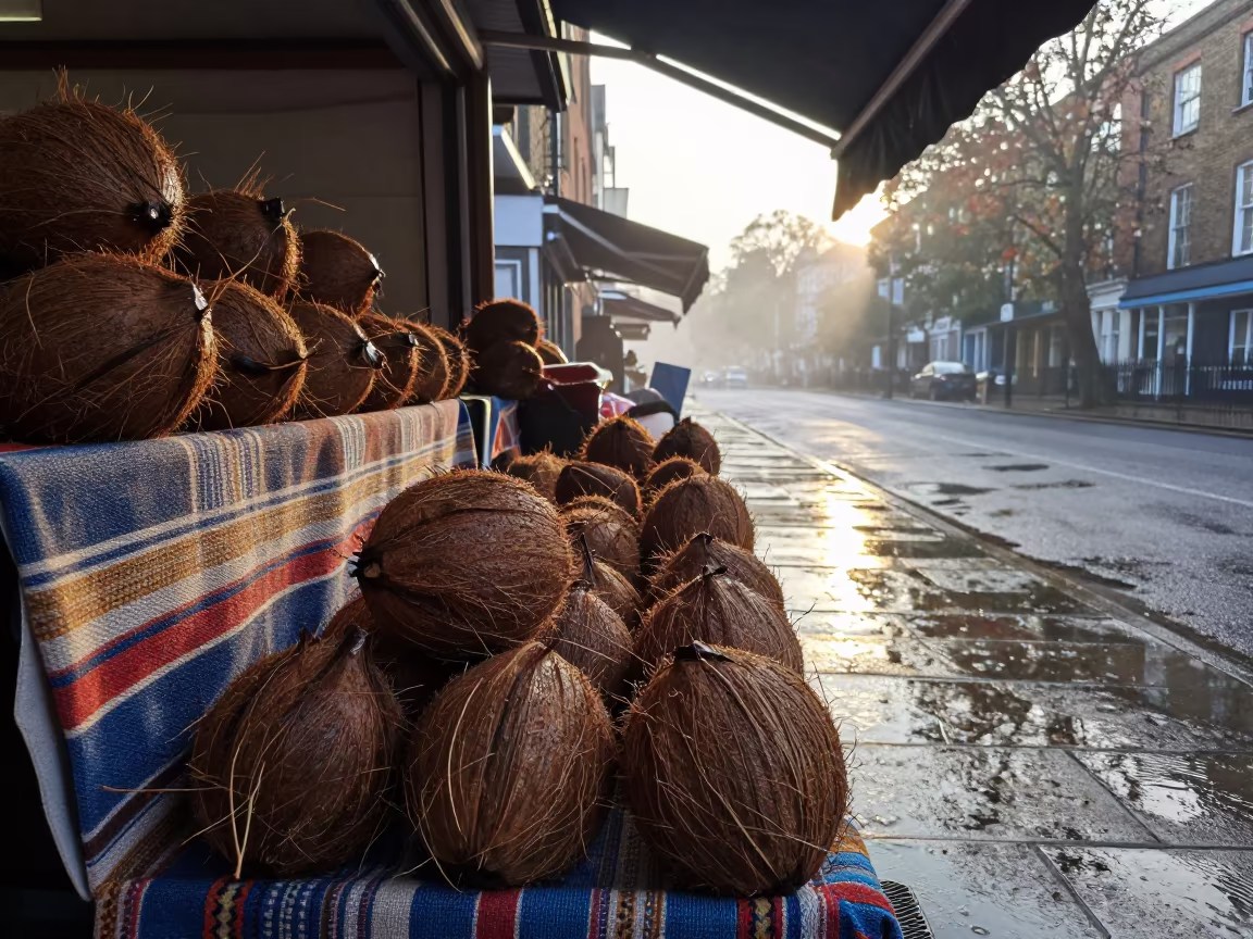 Dawn Market Wake with Mirrored Coconuts Hampstead in at a textile trader's stall in Hampstead, London
