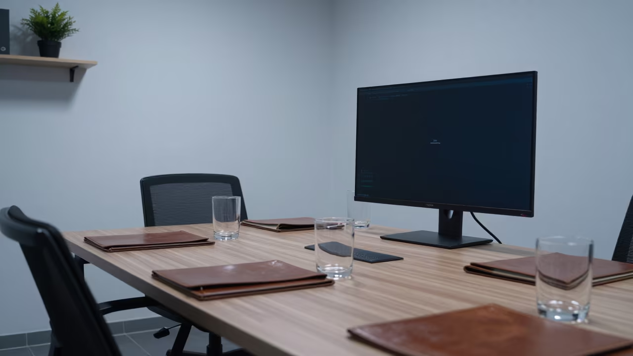 Dawn Meeting Room with Leather Folios and Screens in in an operations center under monitor glow near Entoto, Addis Ababa