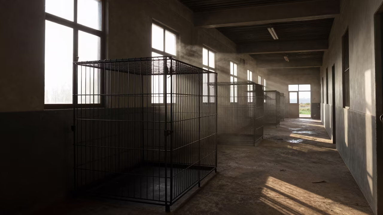 Dawn Mess Hall Tray Cage Namibia in inside a barracks corridor in Namibia