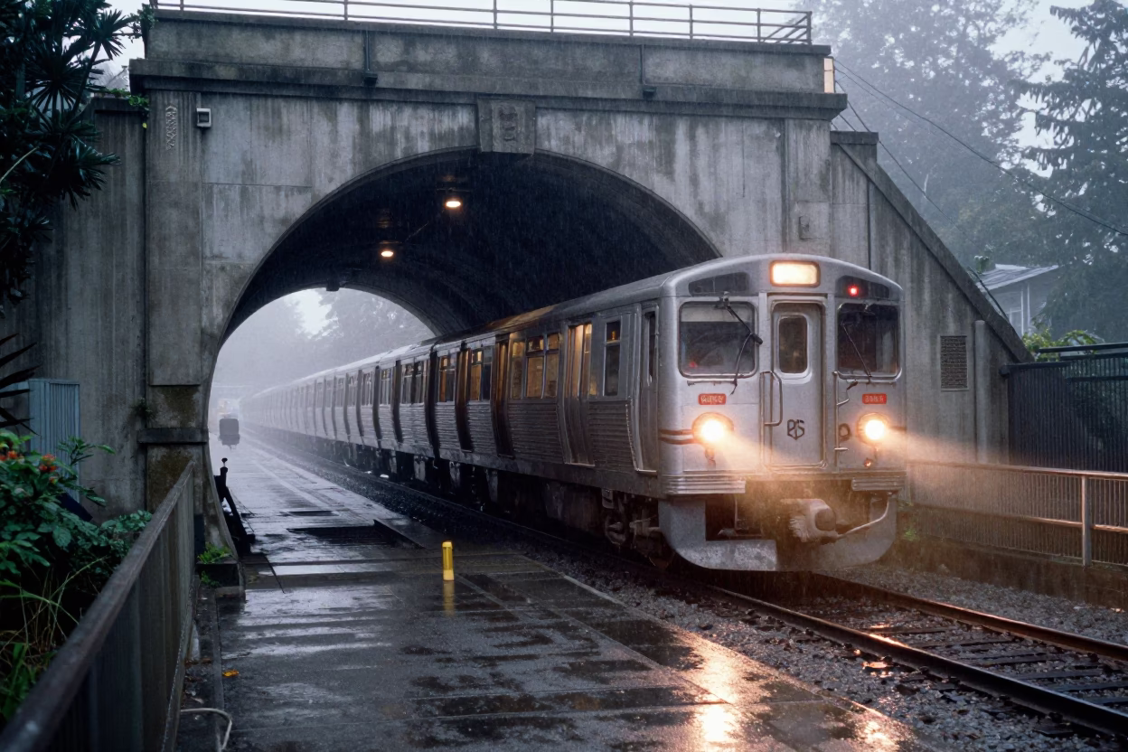Dawn Metro Train Emerging from Tunnel in Seattle Washington First Light in in Seattle, Washington, United States