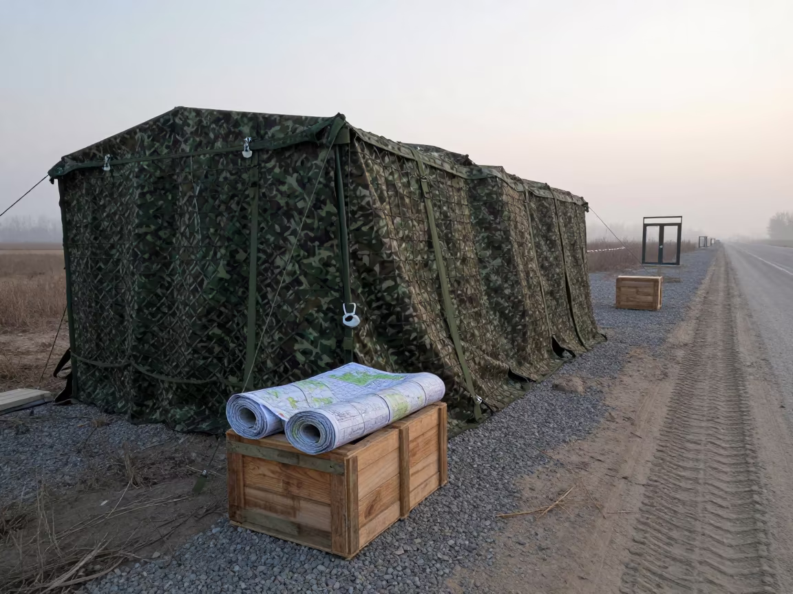 Dawn Military Checkpoint with Camouflage Net Shelter in at a checkpoint lane in Liaoning