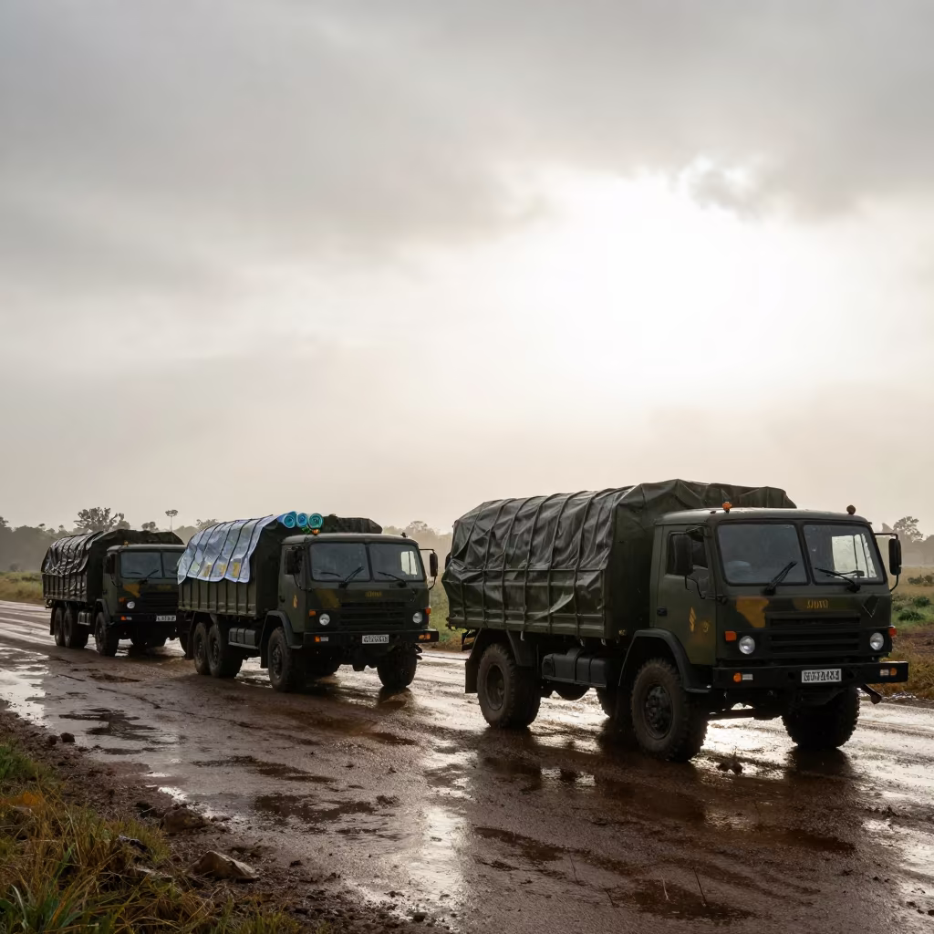 Dawn Military Convoy with Rolled Maps in beside a convoy halt on open ground near Nairobi