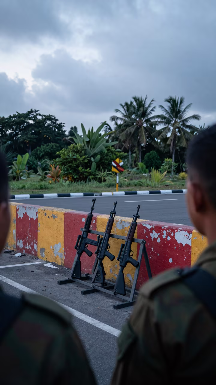 Dawn Military Rifle Rack Checkpoint Medan in at a checkpoint lane near Medan